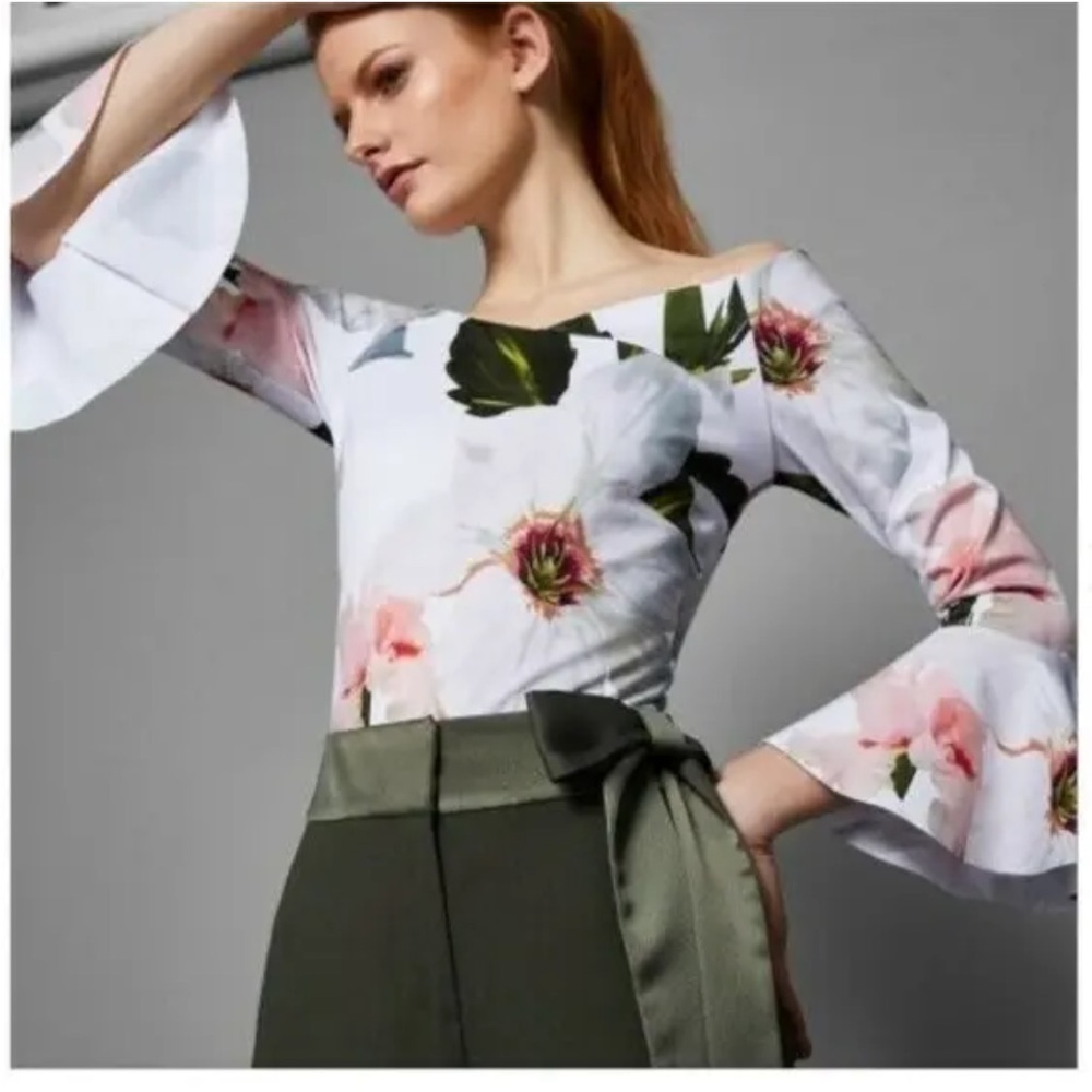 Floral Off-Shoulder Bell Sleeve Top - White/Pink